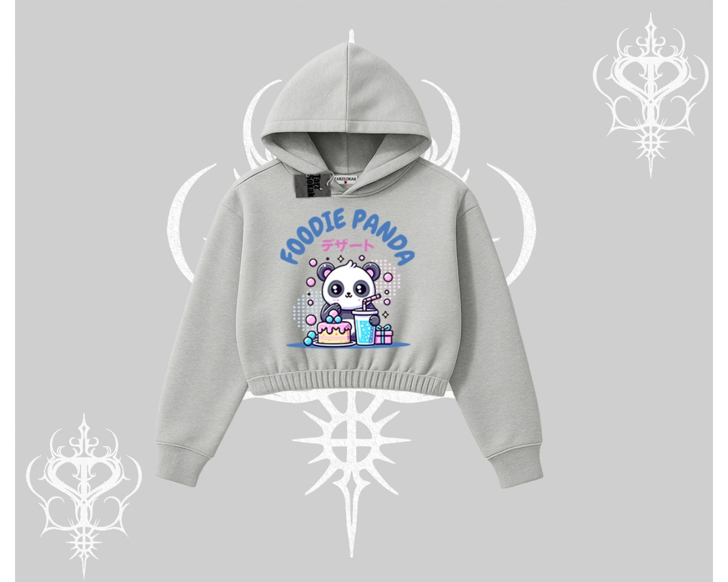 Kapşonlu Crop Sweatshirt Foodie Panda Tatlı ve Sevimli Panda Baskılı