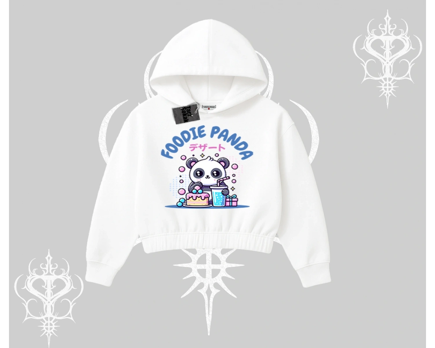 Kapşonlu Crop Sweatshirt Foodie Panda Tatlı ve Sevimli Panda Baskılı