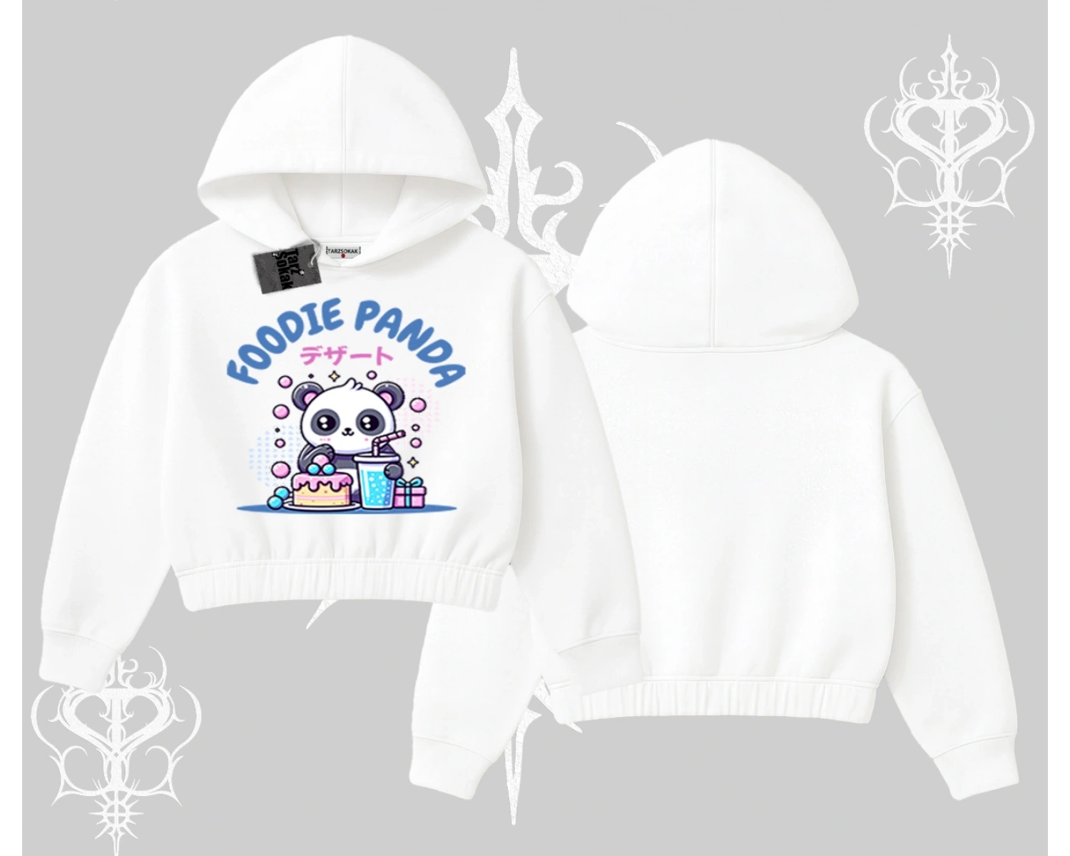 Kapşonlu Crop Sweatshirt Foodie Panda Tatlı ve Sevimli Panda Baskılı