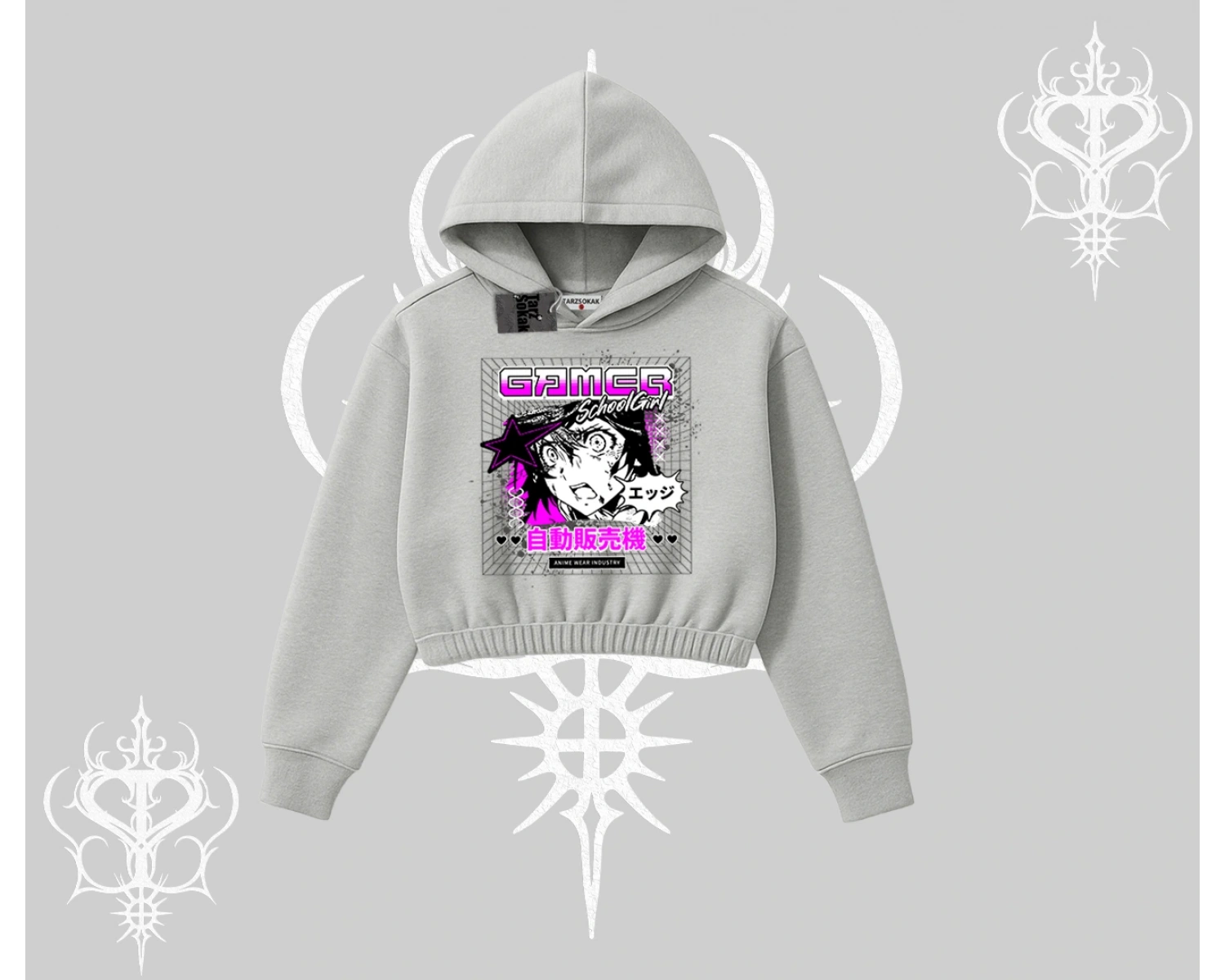 Kapşonlu Crop Sweatshirt Games Schoolgirl Anime Baskılı