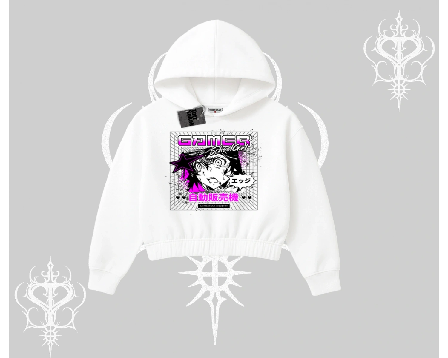 Kapşonlu Crop Sweatshirt Games Schoolgirl Anime Baskılı