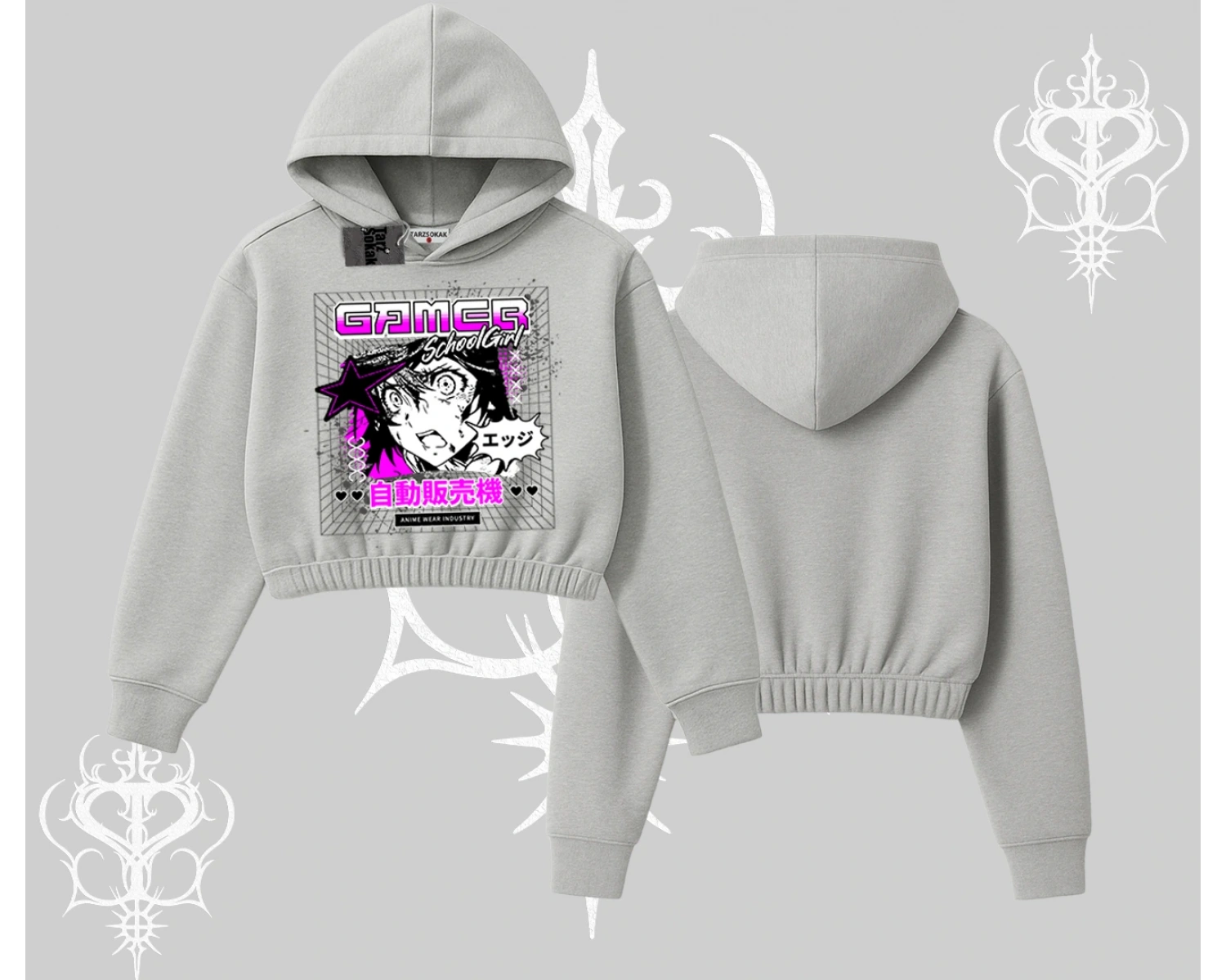 Kapşonlu Crop Sweatshirt Games Schoolgirl Anime Baskılı