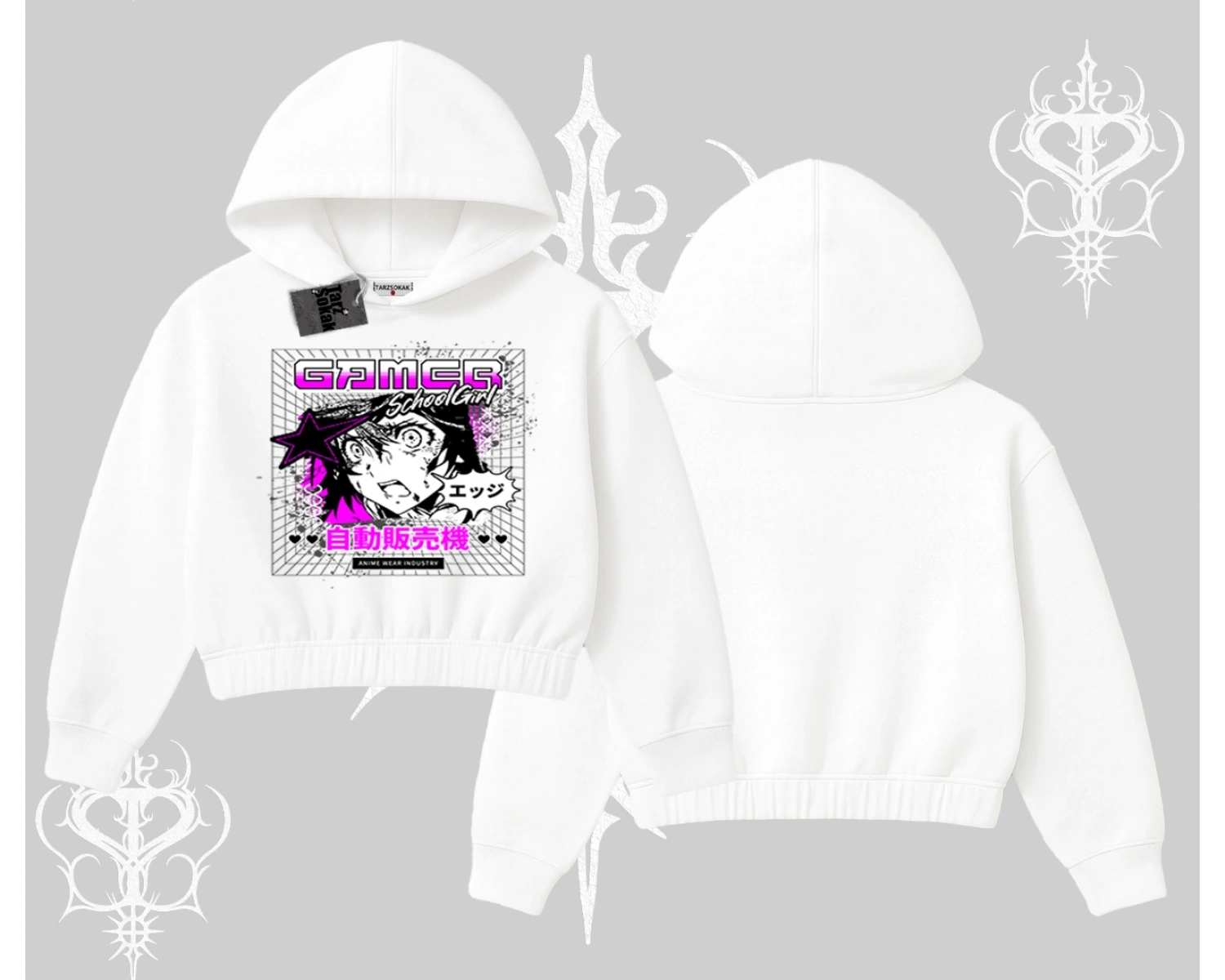 Kapşonlu Crop Sweatshirt Games Schoolgirl Anime Baskılı