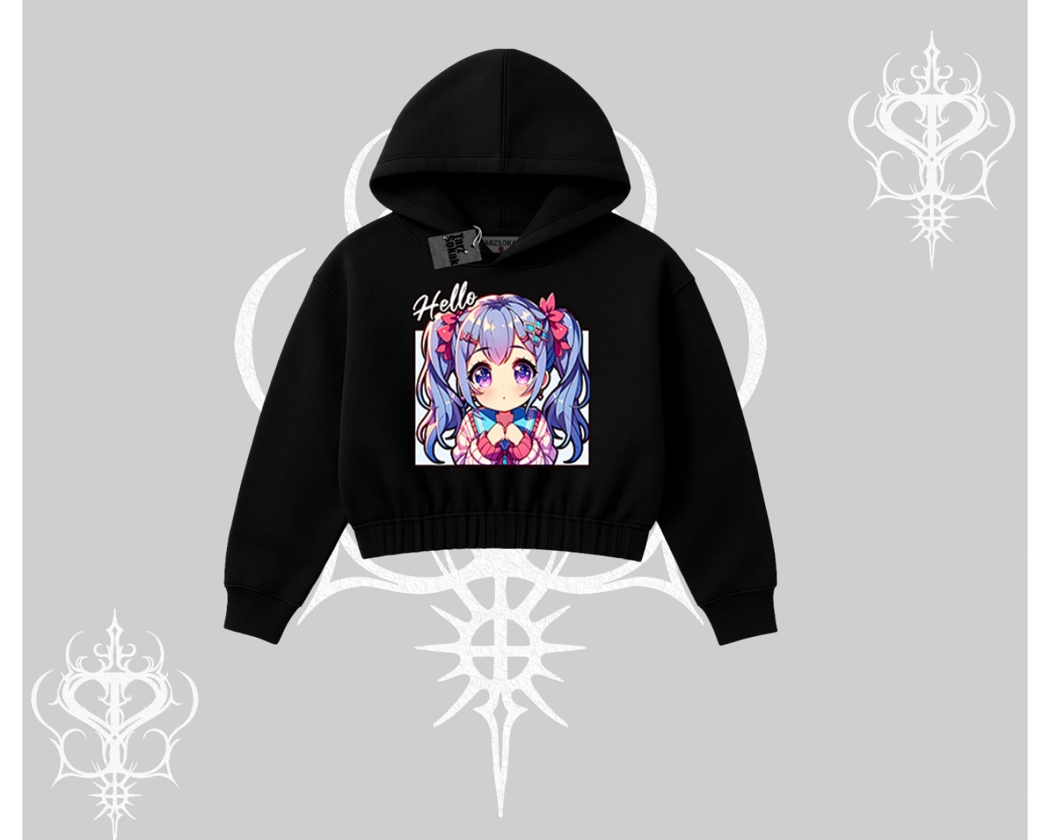 Kapşonlu Crop Sweatshirt Hello Anime Kız Sevimli Karakter Baskılı