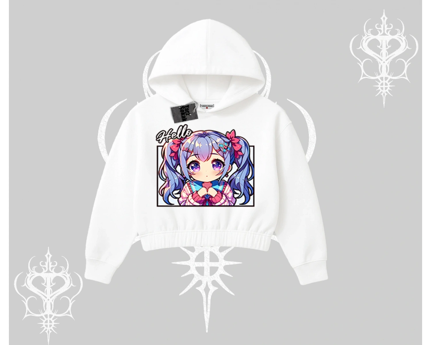 Kapşonlu Crop Sweatshirt Hello Anime Kız Sevimli Karakter Baskılı