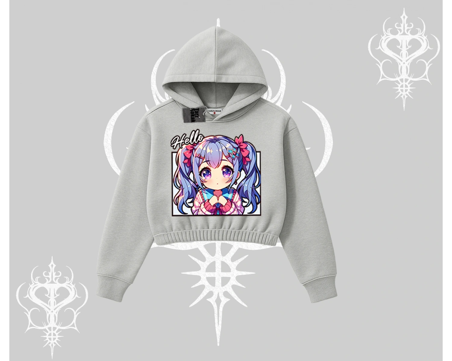 Kapşonlu Crop Sweatshirt Hello Anime Kız Sevimli Karakter Baskılı