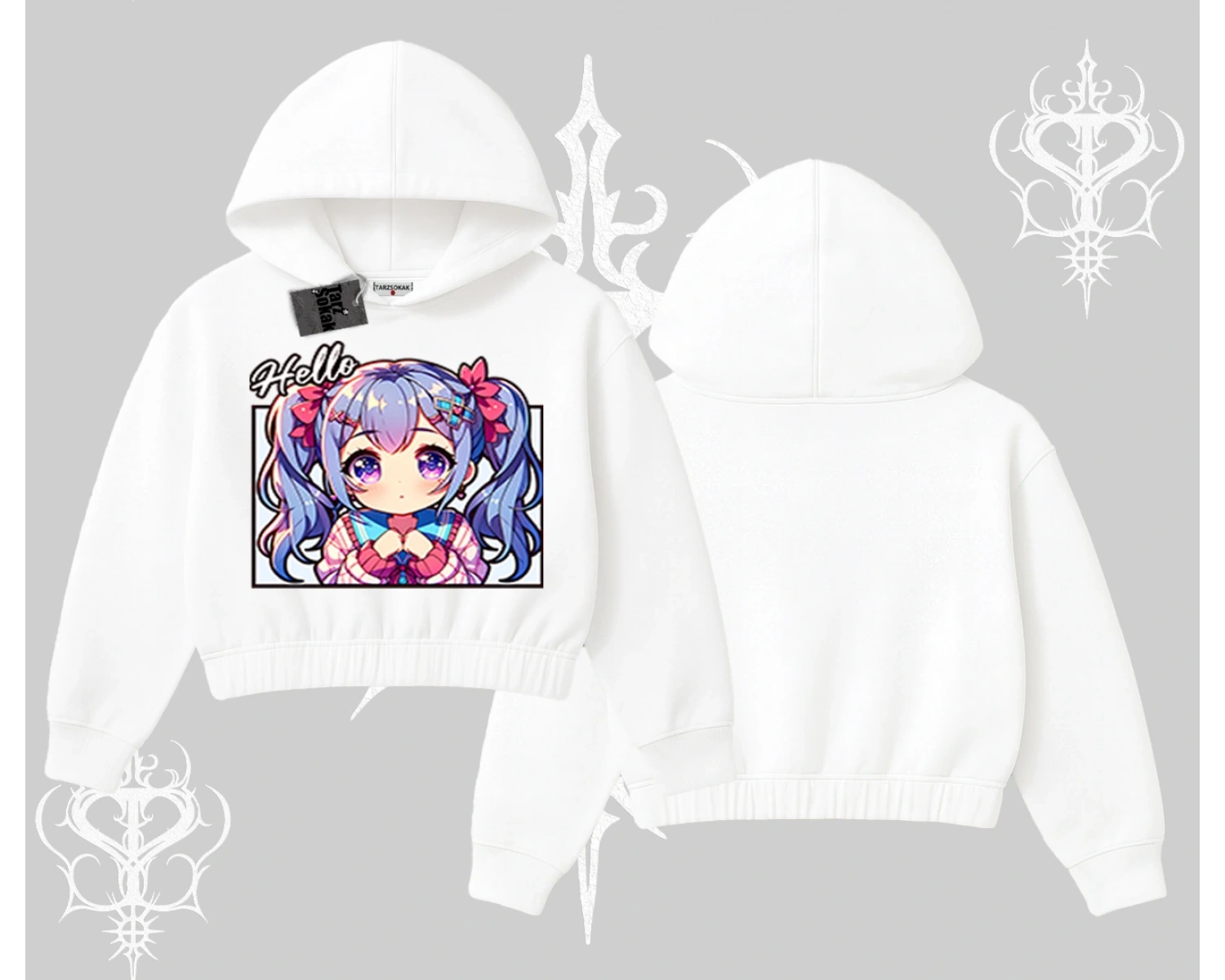 Kapşonlu Crop Sweatshirt Hello Anime Kız Sevimli Karakter Baskılı