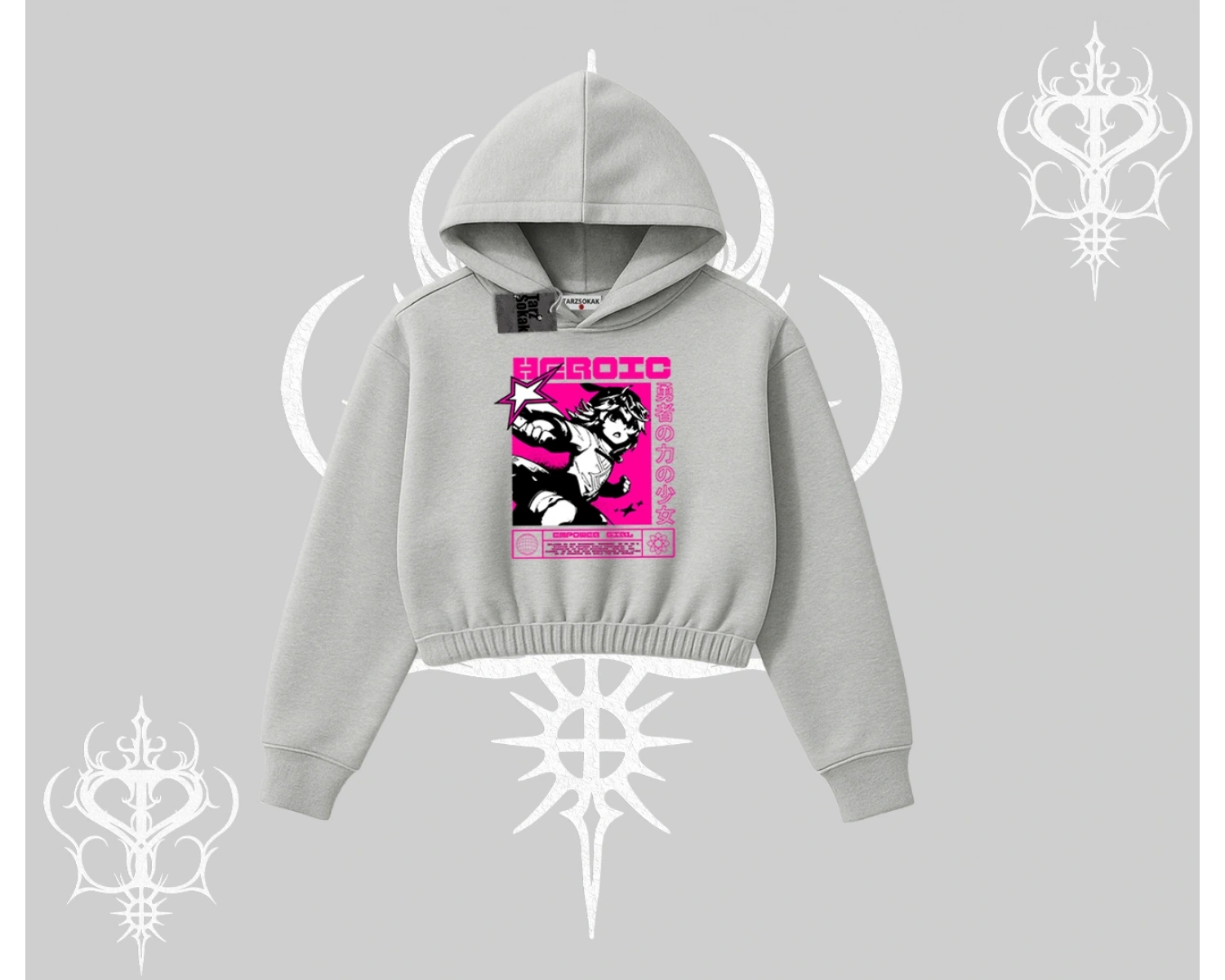 Kapşonlu Crop Sweatshirt Heroic Anime Girl Japon Stil Grafik Baskılı