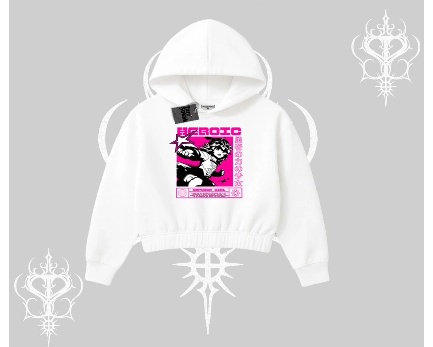 Kapşonlu Crop Sweatshirt Heroic Anime Girl Japon Stil Grafik Baskılı