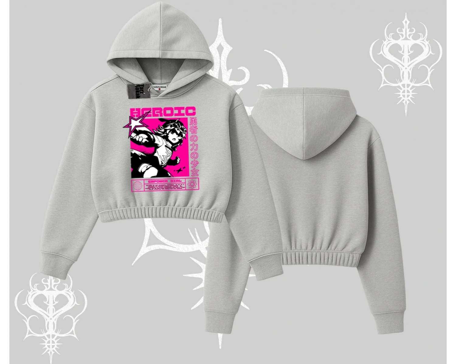 Kapşonlu Crop Sweatshirt Heroic Anime Girl Japon Stil Grafik Baskılı