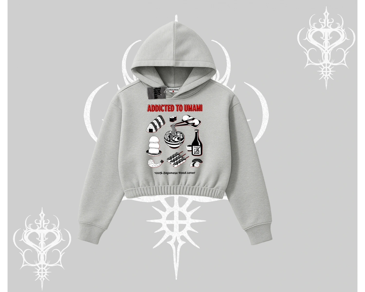 Kapşonlu Crop Sweatshirt Japon Mutfağı Umami Temalı Baskılı