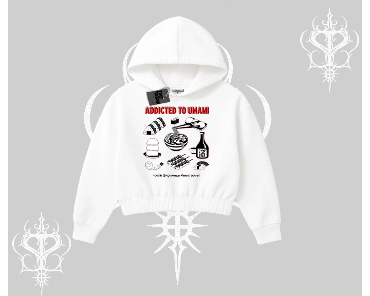 Kapşonlu Crop Sweatshirt Japon Mutfağı Umami Temalı Baskılı