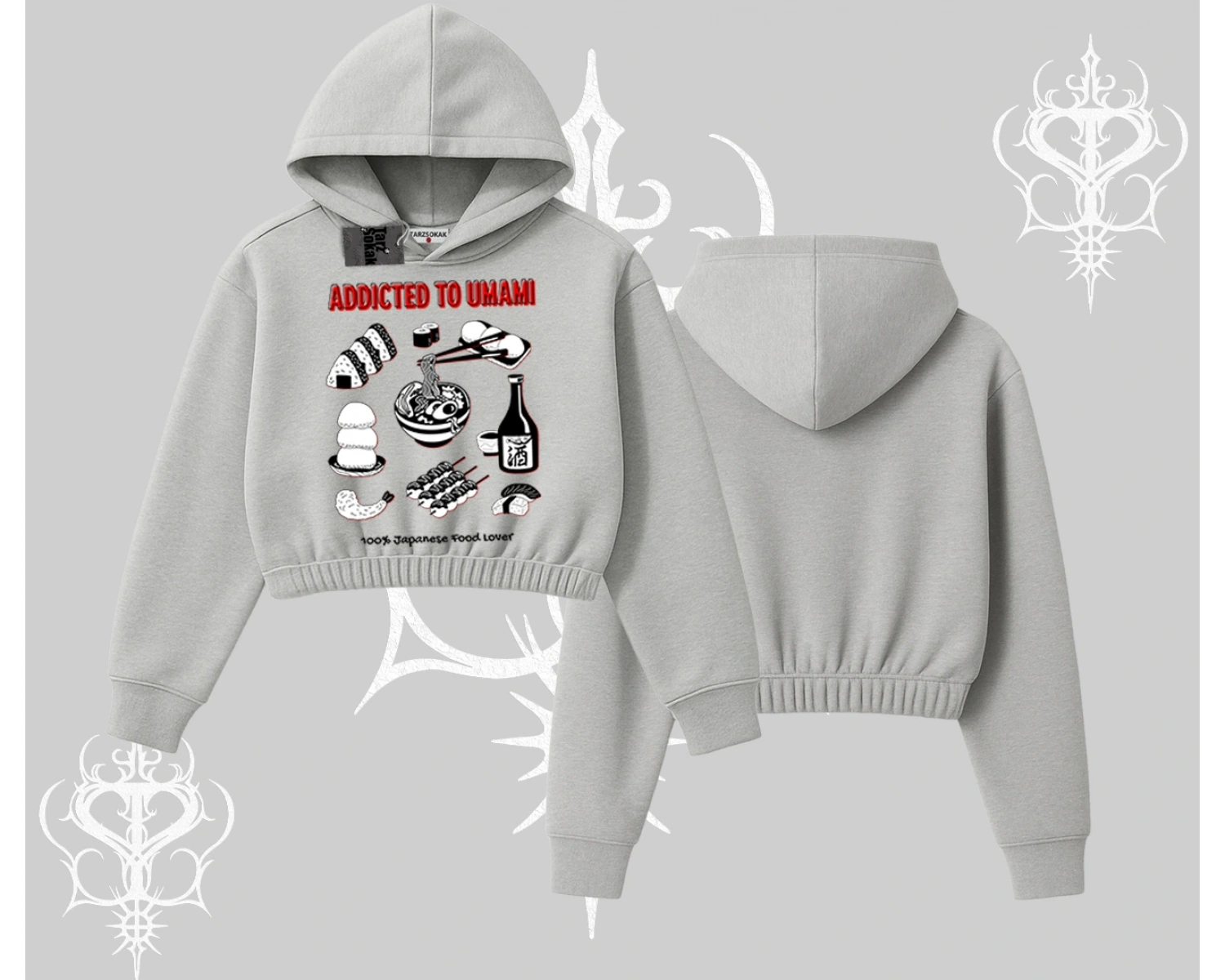 Kapşonlu Crop Sweatshirt Japon Mutfağı Umami Temalı Baskılı