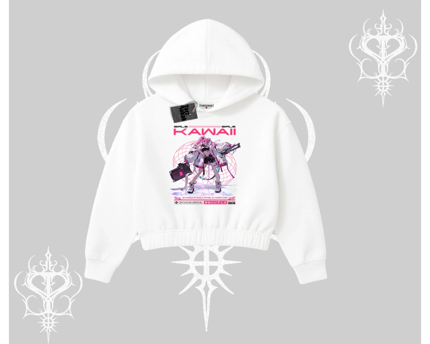 Kapşonlu Crop Sweatshirt Kawaii Cyberpunk Kız Japon Stil Baskı