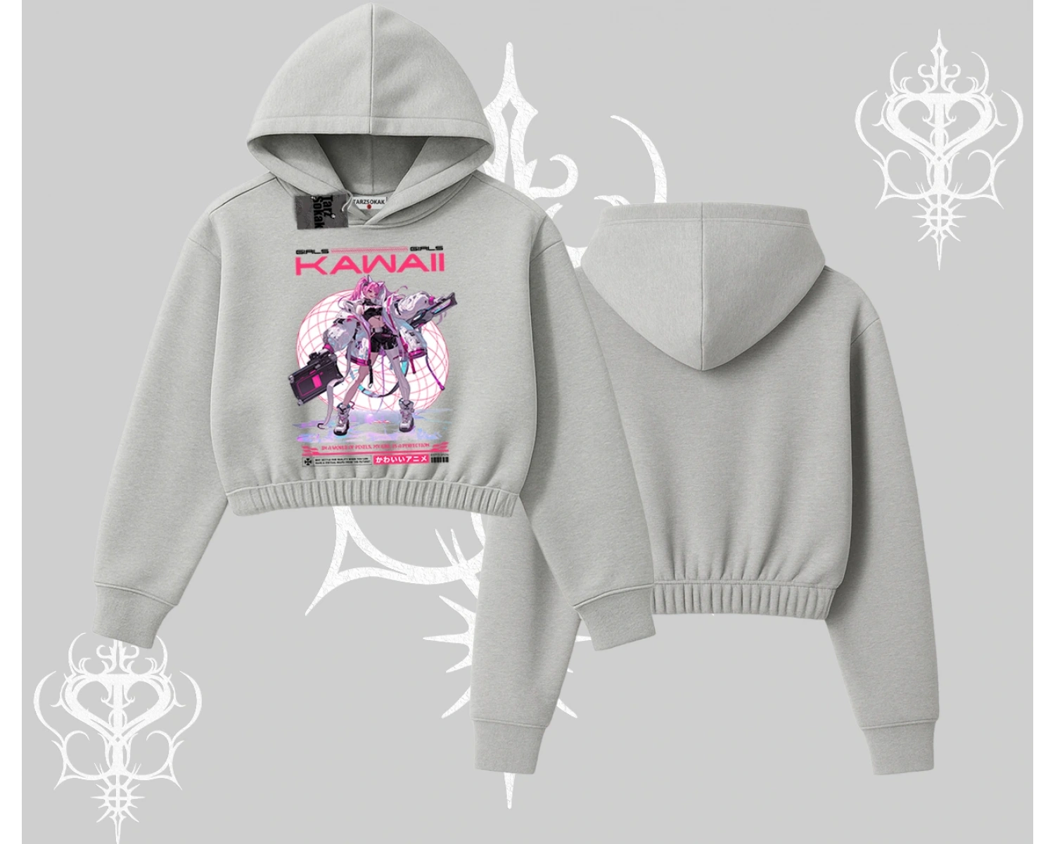 Kapşonlu Crop Sweatshirt Kawaii Cyberpunk Kız Japon Stil Baskı