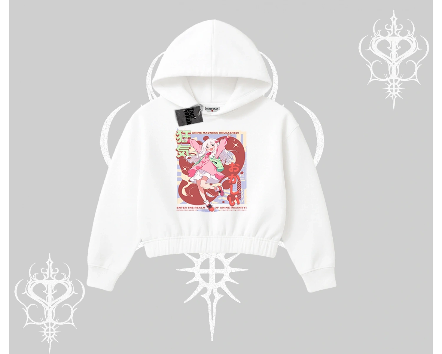 Kapşonlu Crop Sweatshirt Madness Unleashed Anime Girl Baskılı