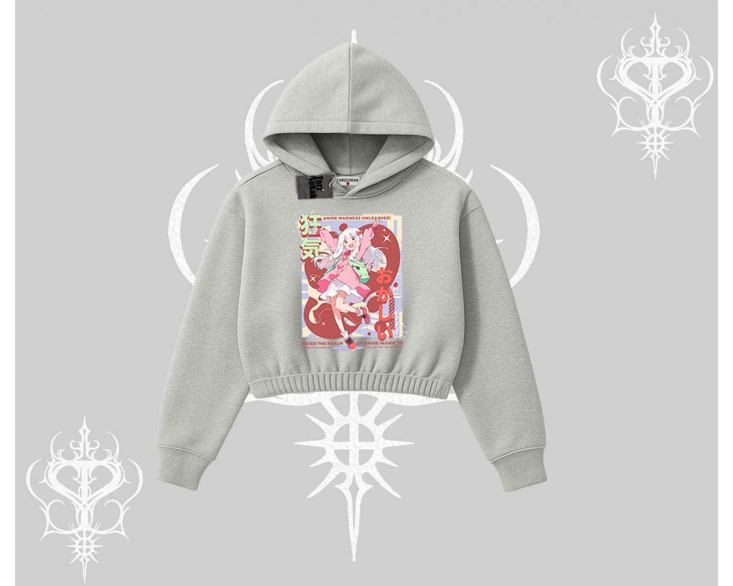 Kapşonlu Crop Sweatshirt Madness Unleashed Anime Girl Baskılı