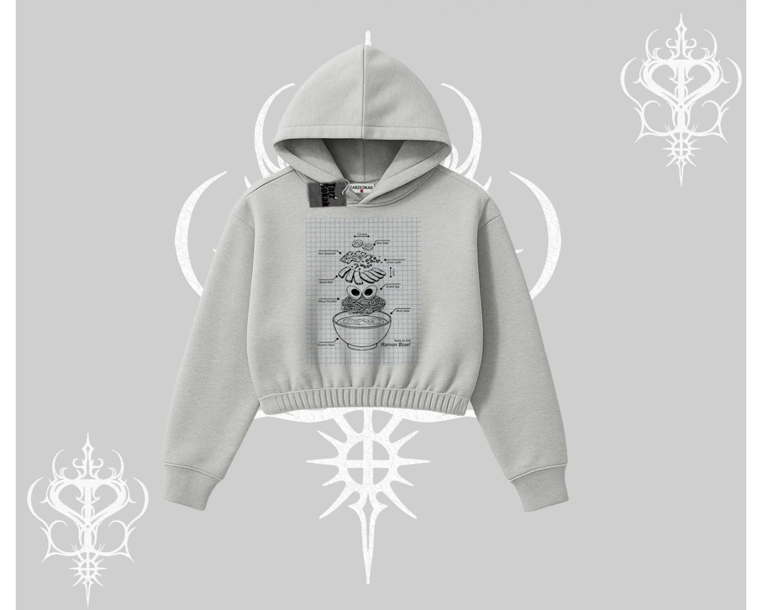 Kapşonlu Crop Sweatshirt Noodle Theory Hand Drawn Concept