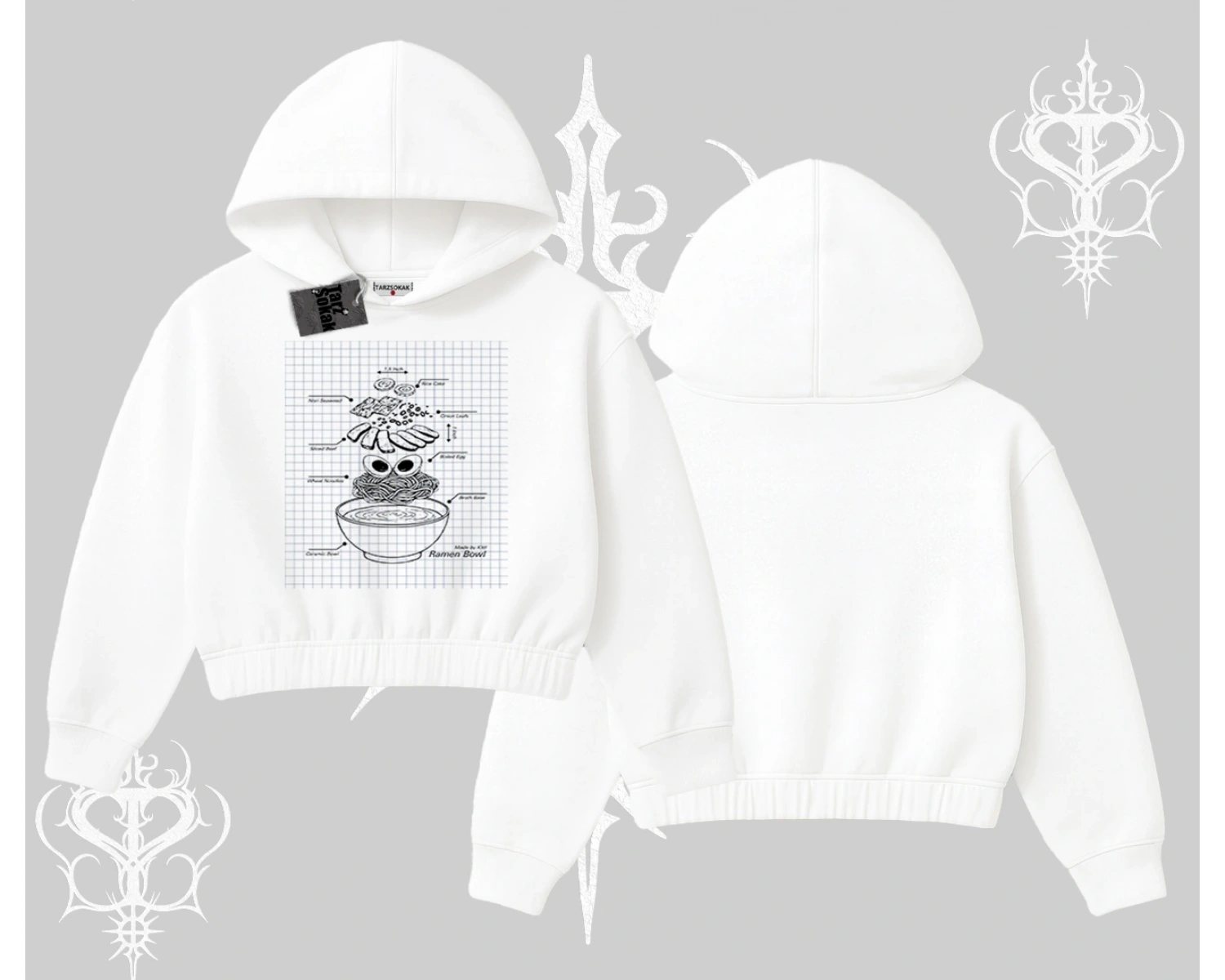 Kapşonlu Crop Sweatshirt Noodle Theory Hand Drawn Concept