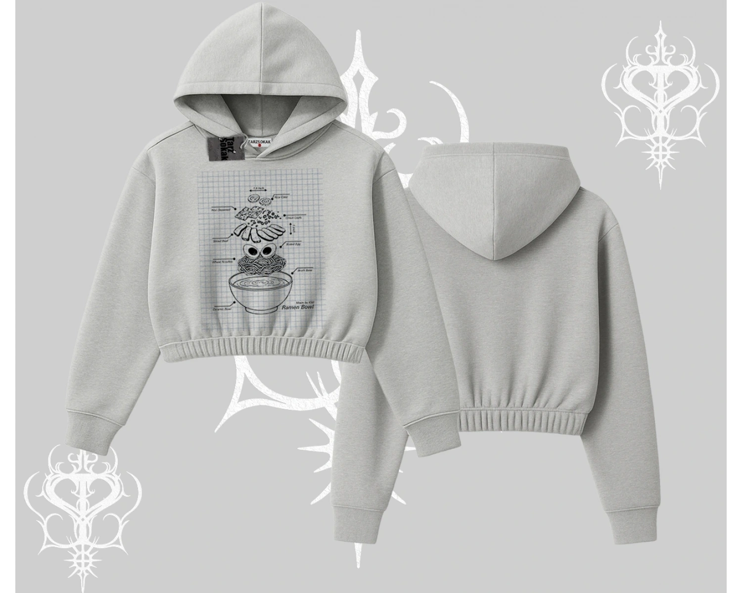 Kapşonlu Crop Sweatshirt Noodle Theory Hand Drawn Concept