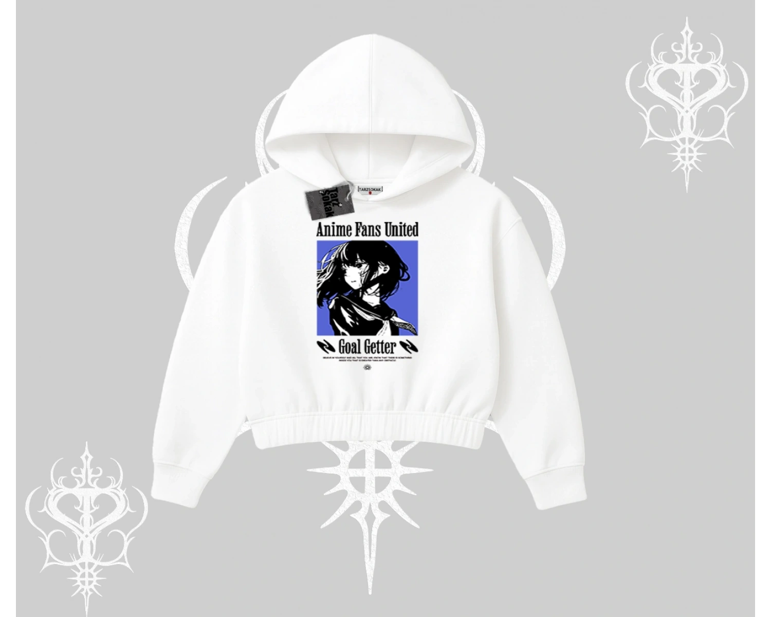 Kapşonlu Crop Sweatshirt Oversize Anime Kız Baskılı