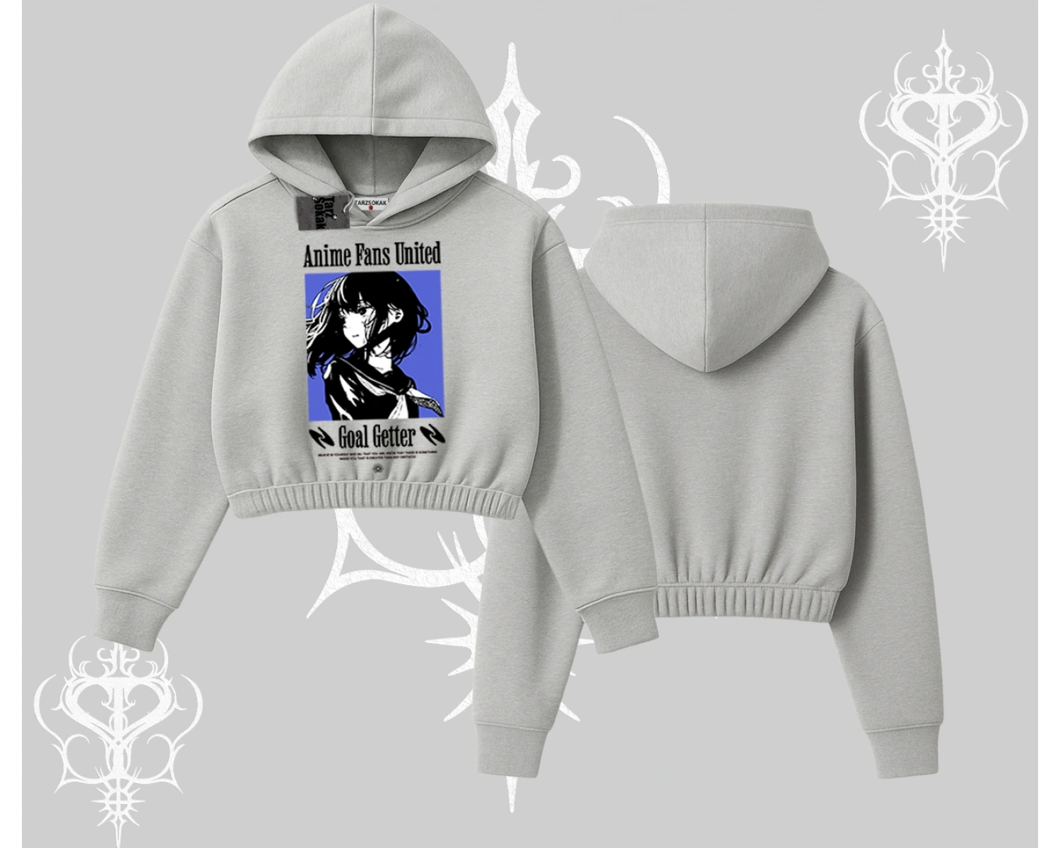 Kapşonlu Crop Sweatshirt Oversize Anime Kız Baskılı