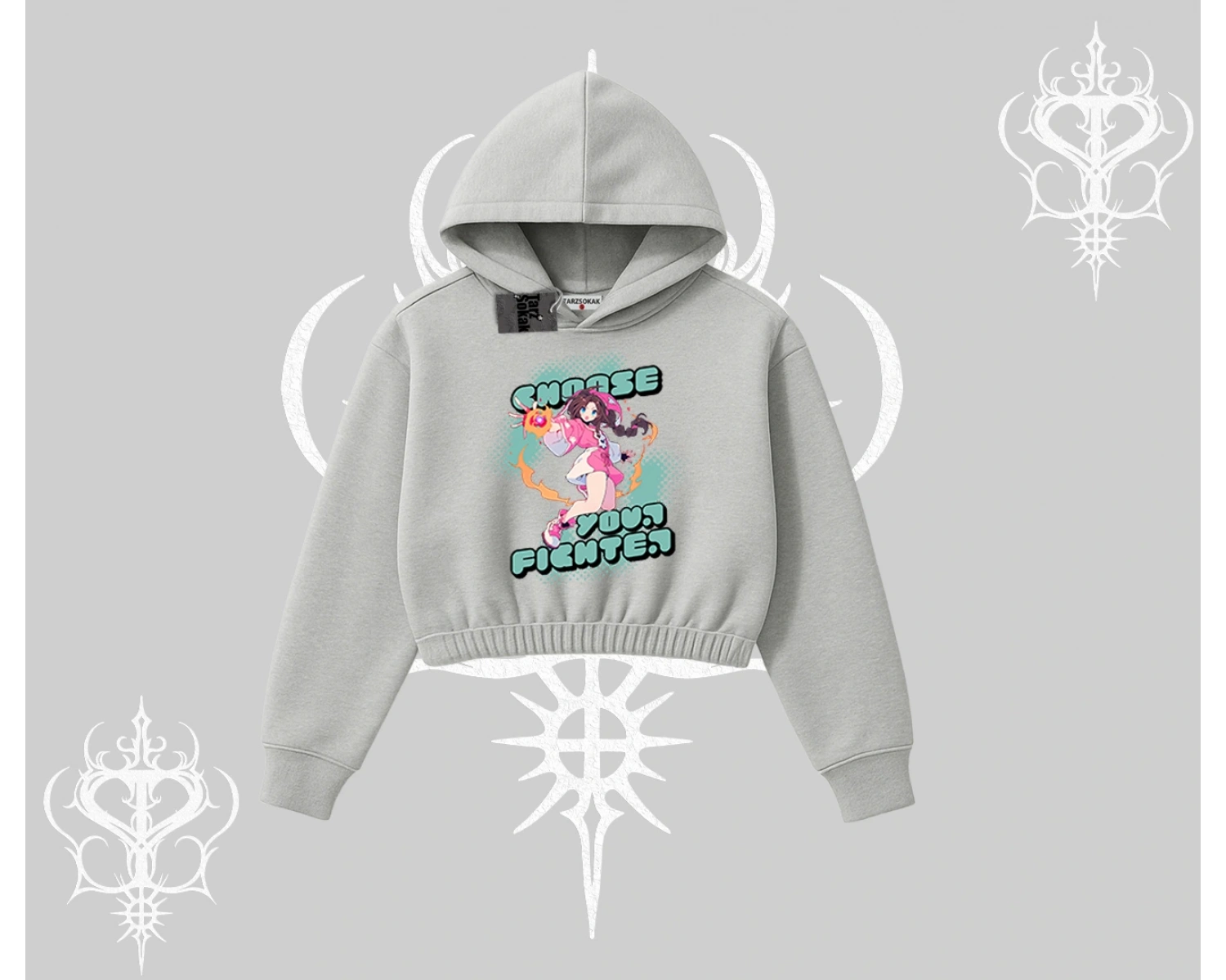 Kapşonlu Crop Sweatshirt Oversize  Anime Kız Desenli Japon Stil