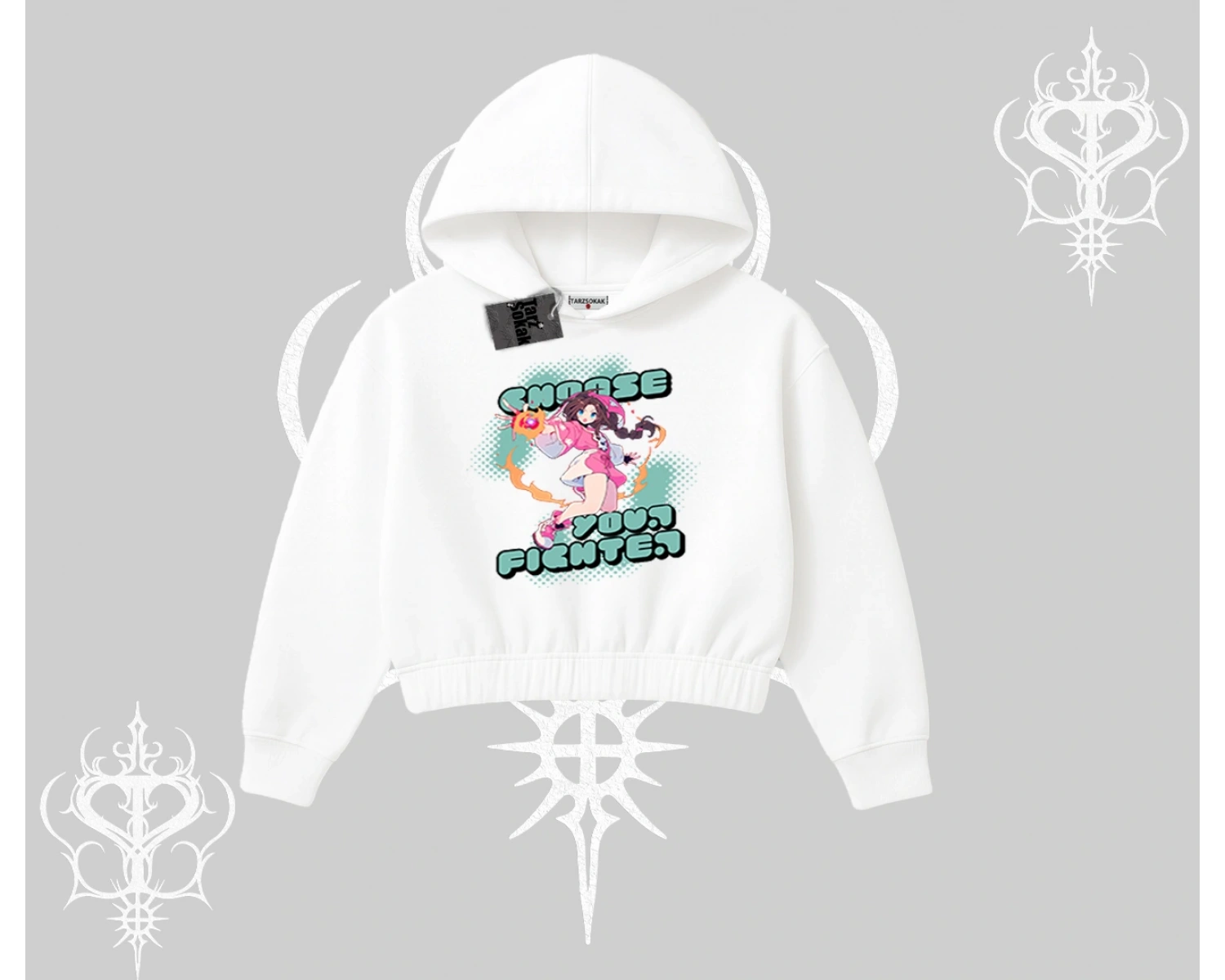 Kapşonlu Crop Sweatshirt Oversize  Anime Kız Desenli Japon Stil