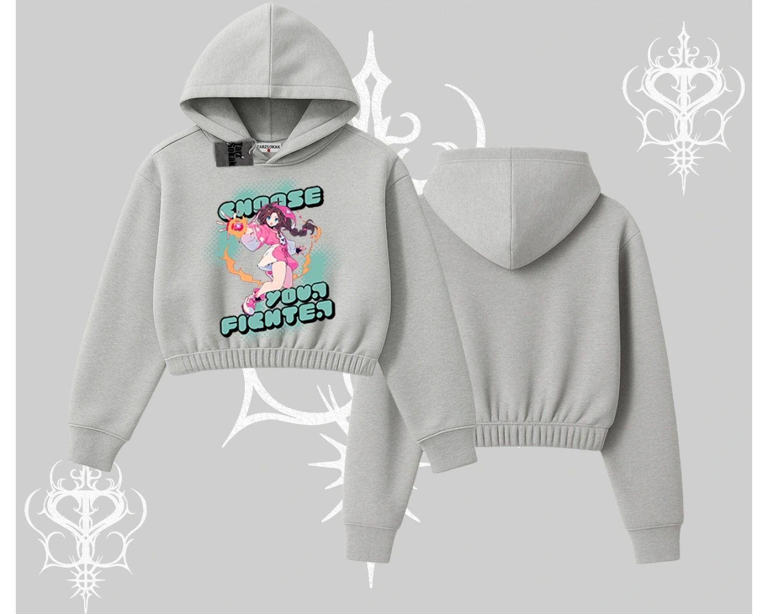 Kapşonlu Crop Sweatshirt Oversize  Anime Kız Desenli Japon Stil