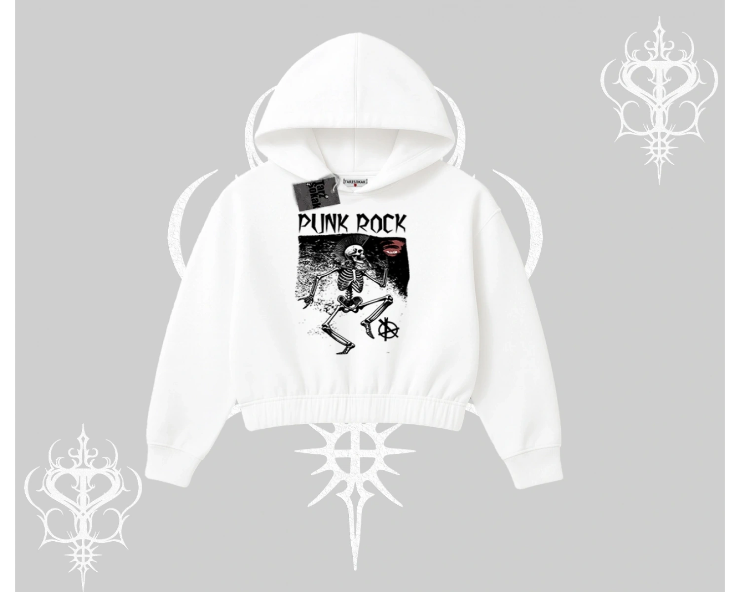 Kapşonlu Crop Sweatshirt Punk Rock Chaos Skeleton Riot