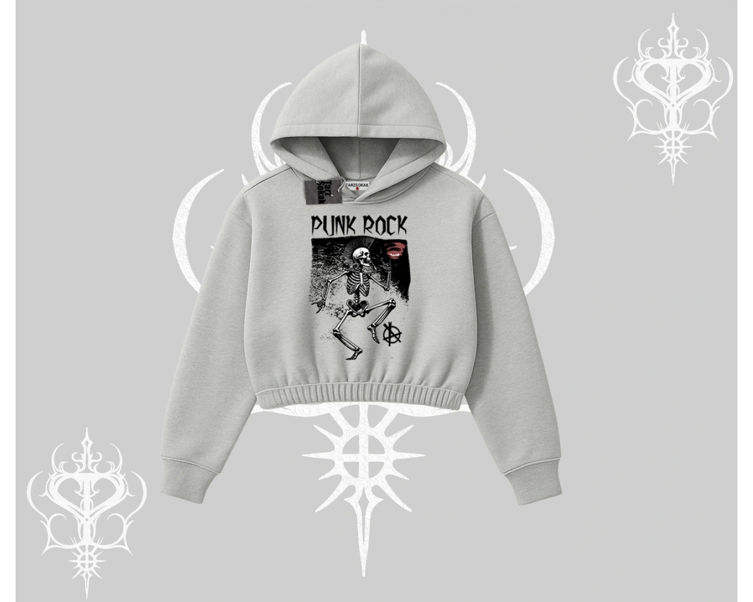 Kapşonlu Crop Sweatshirt Punk Rock Chaos Skeleton Riot