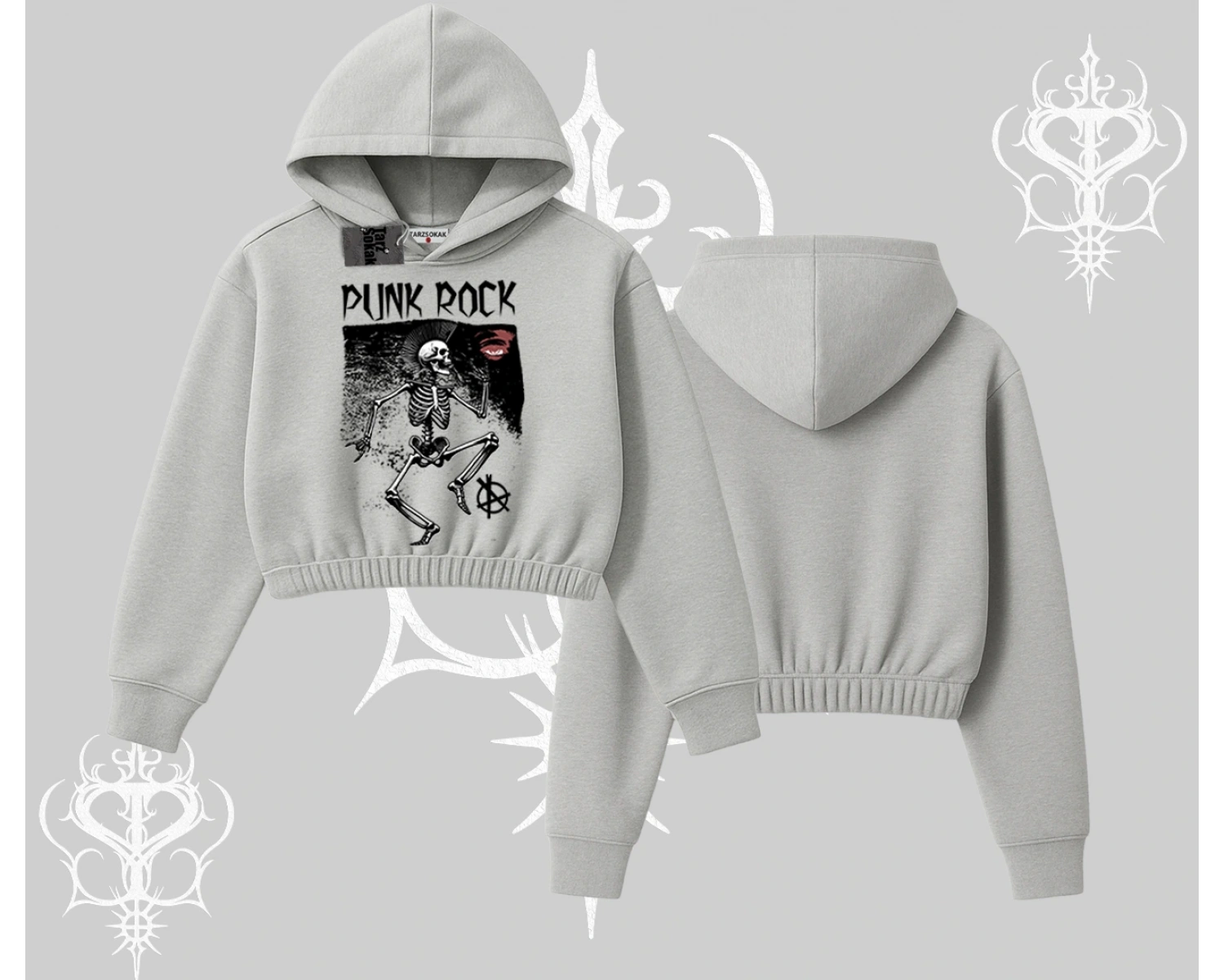 Kapşonlu Crop Sweatshirt Punk Rock Chaos Skeleton Riot