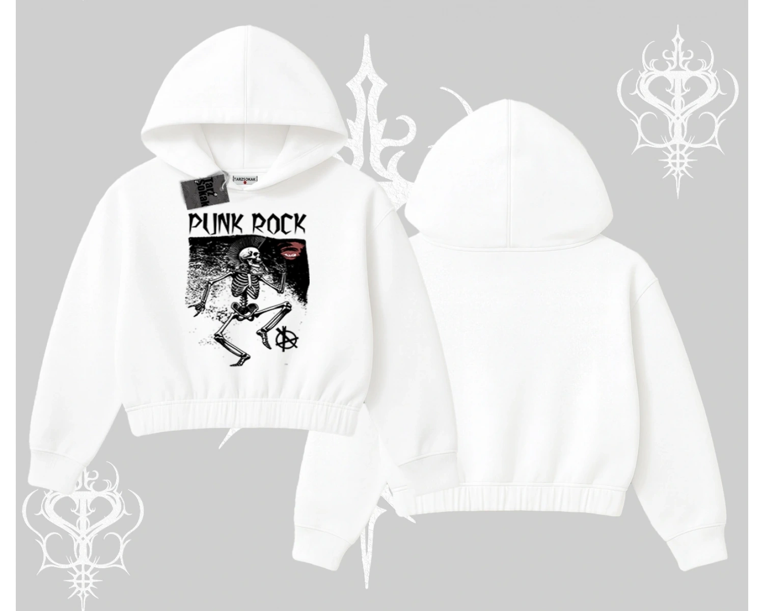 Kapşonlu Crop Sweatshirt Punk Rock Chaos Skeleton Riot