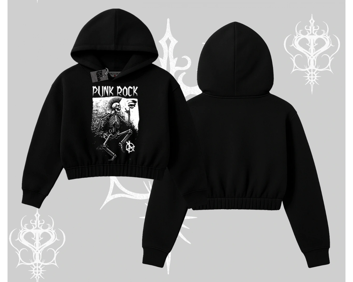 Kapşonlu Crop Sweatshirt Punk Rock Chaos Skeleton Riot