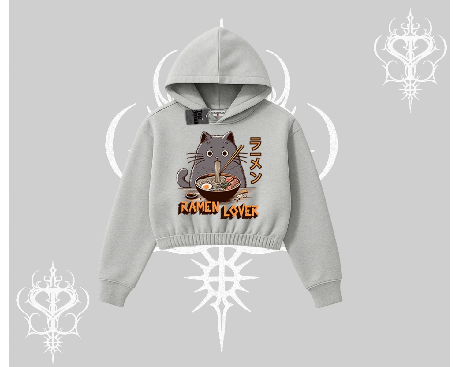 Kapşonlu Crop Sweatshirt Ramen Lover Kedi Anime Baskılı