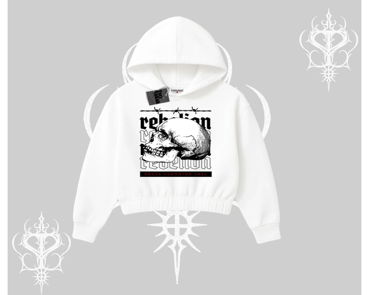 Kapşonlu Crop Sweatshirt Rebellion Skull Underground Street Legacy