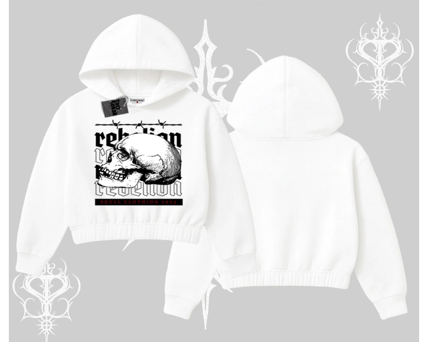 Kapşonlu Crop Sweatshirt Rebellion Skull Underground Street Legacy