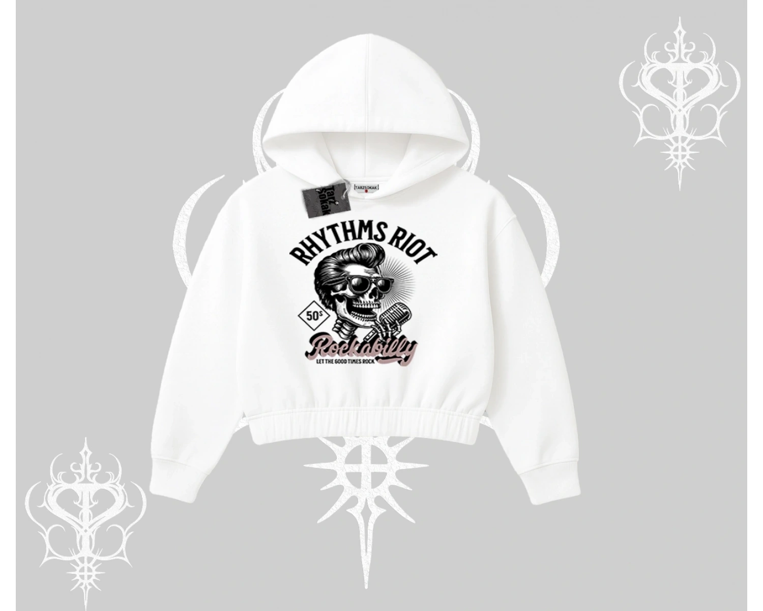 Kapşonlu Crop Sweatshirt Rhythms Riot Vintage Rockabilly Skull Street Aesthetic