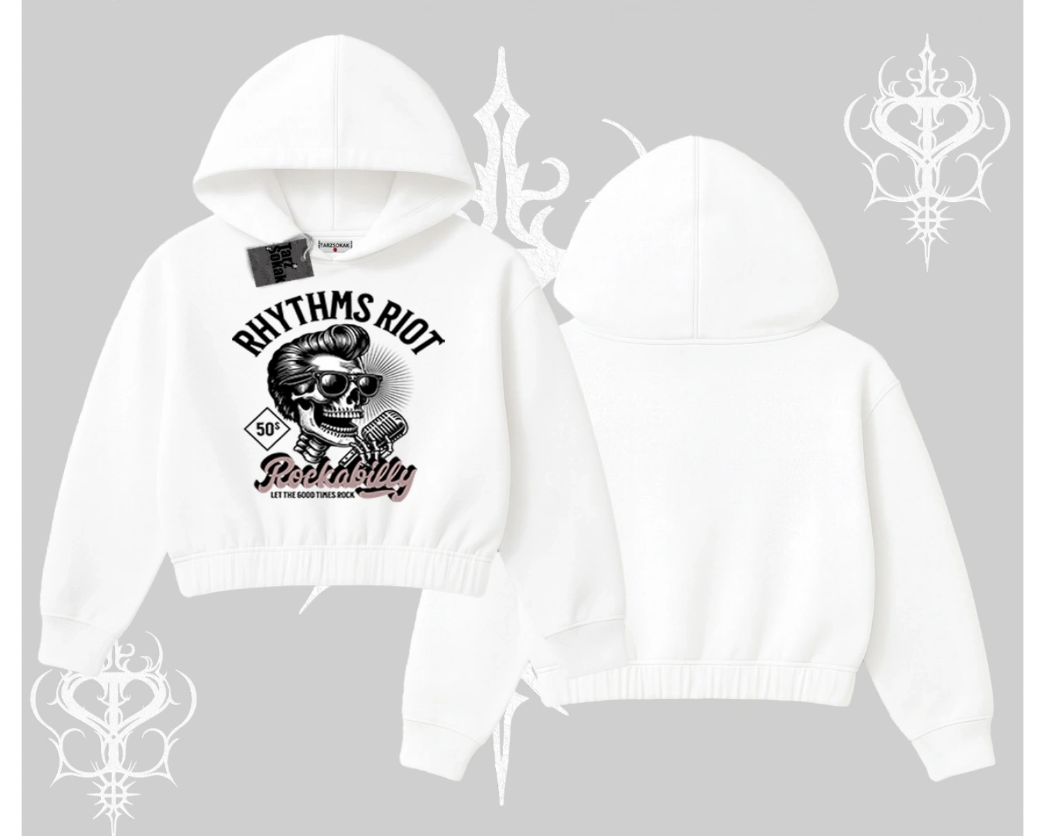 Kapşonlu Crop Sweatshirt Rhythms Riot Vintage Rockabilly Skull Street Aesthetic