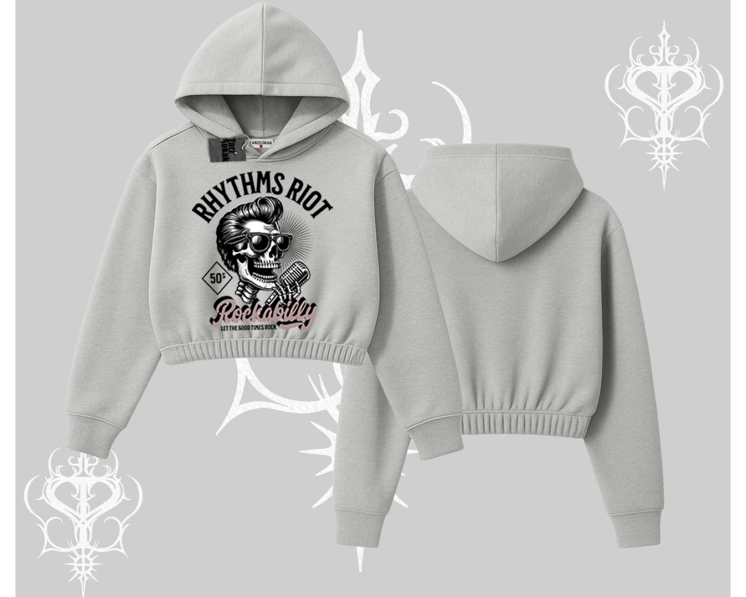 Kapşonlu Crop Sweatshirt Rhythms Riot Vintage Rockabilly Skull Street Aesthetic