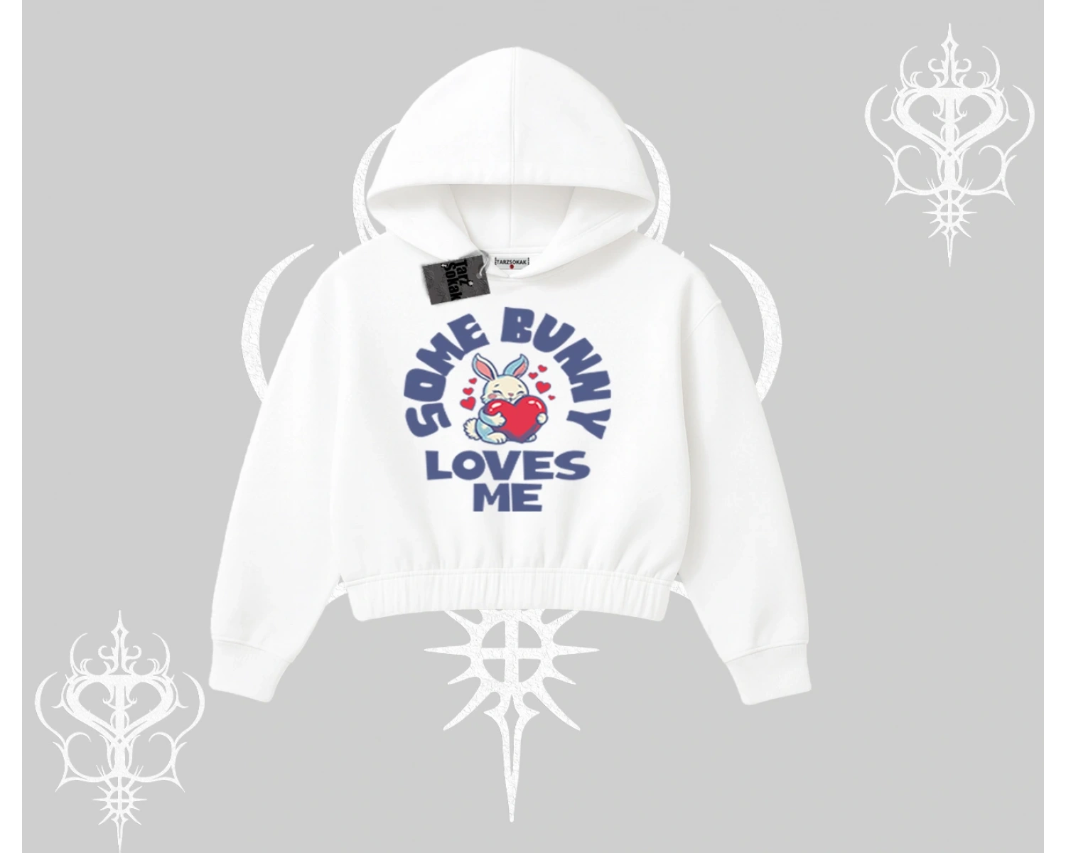 Kapşonlu Crop Sweatshirt Sevimli Tavşan Some Bunny Loves Me Baskılı