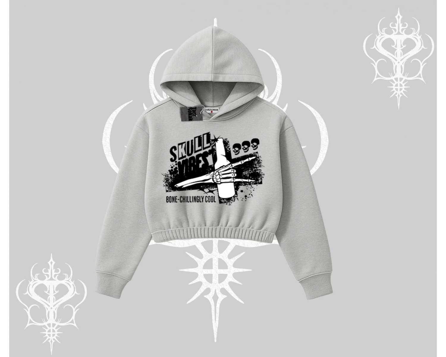 Kapşonlu Crop Sweatshirt Skull Impact Bone Chilling Street Icon