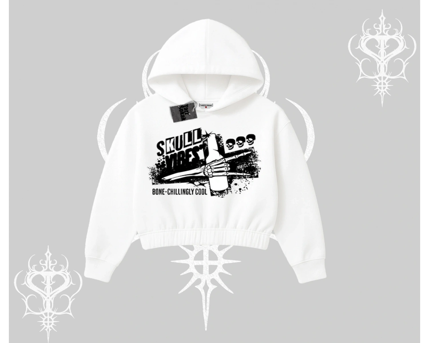 Kapşonlu Crop Sweatshirt Skull Impact Bone Chilling Street Icon