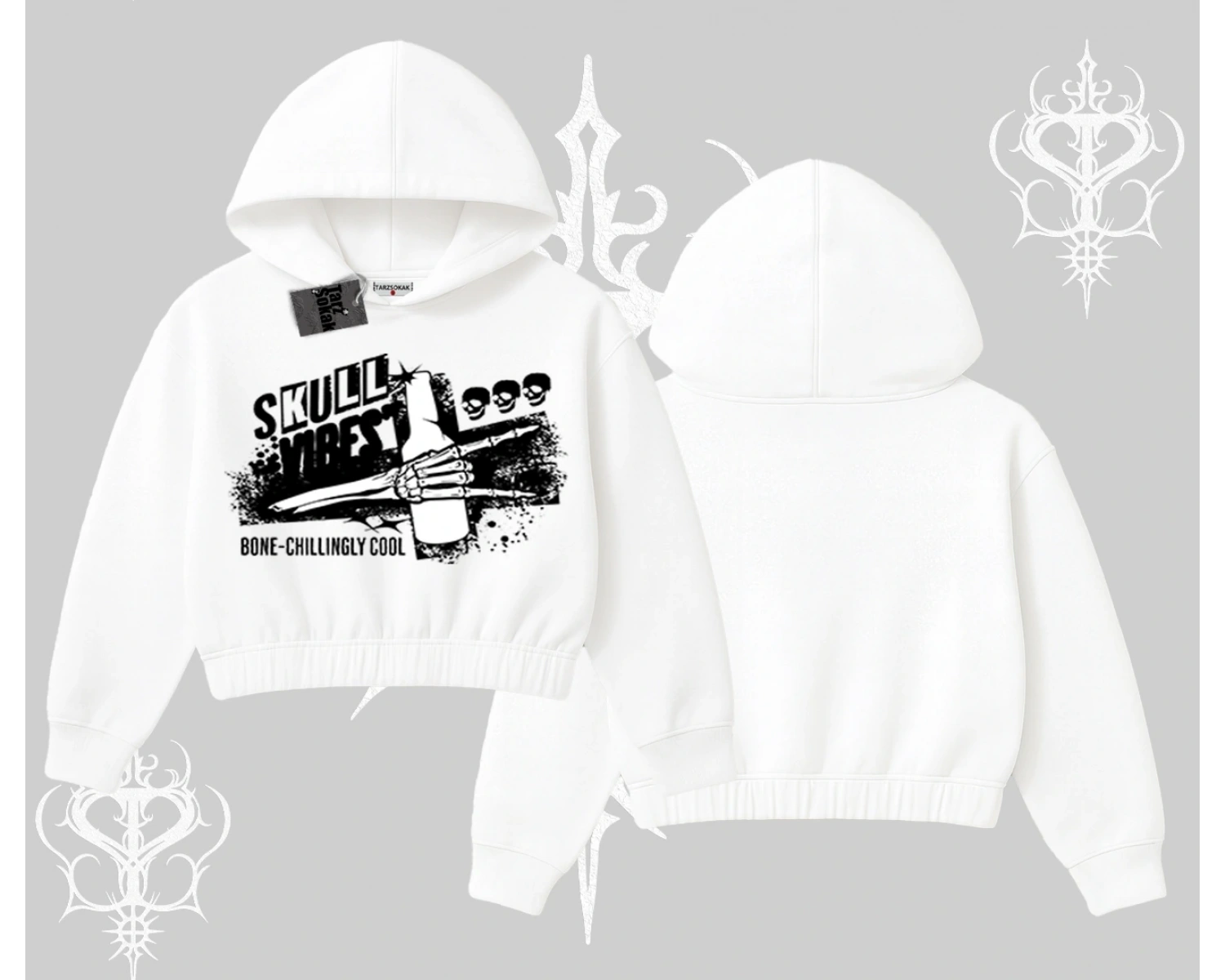 Kapşonlu Crop Sweatshirt Skull Impact Bone Chilling Street Icon