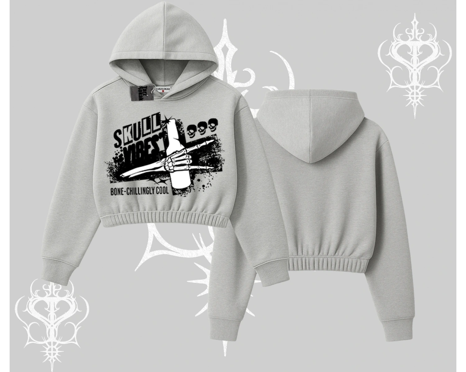 Kapşonlu Crop Sweatshirt Skull Impact Bone Chilling Street Icon