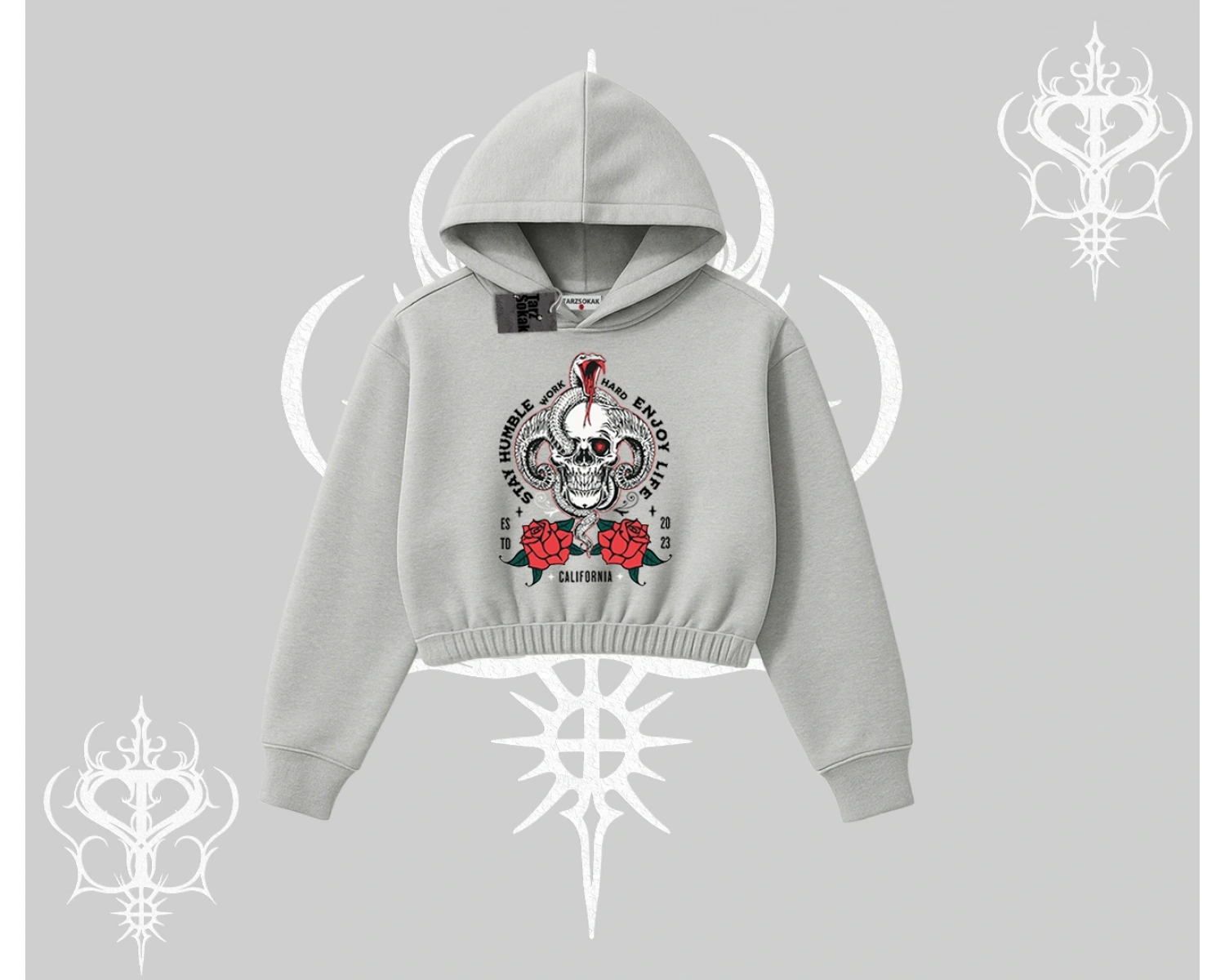 Kapşonlu Crop Sweatshirt Stay Humble Work Hard Enjoy Life