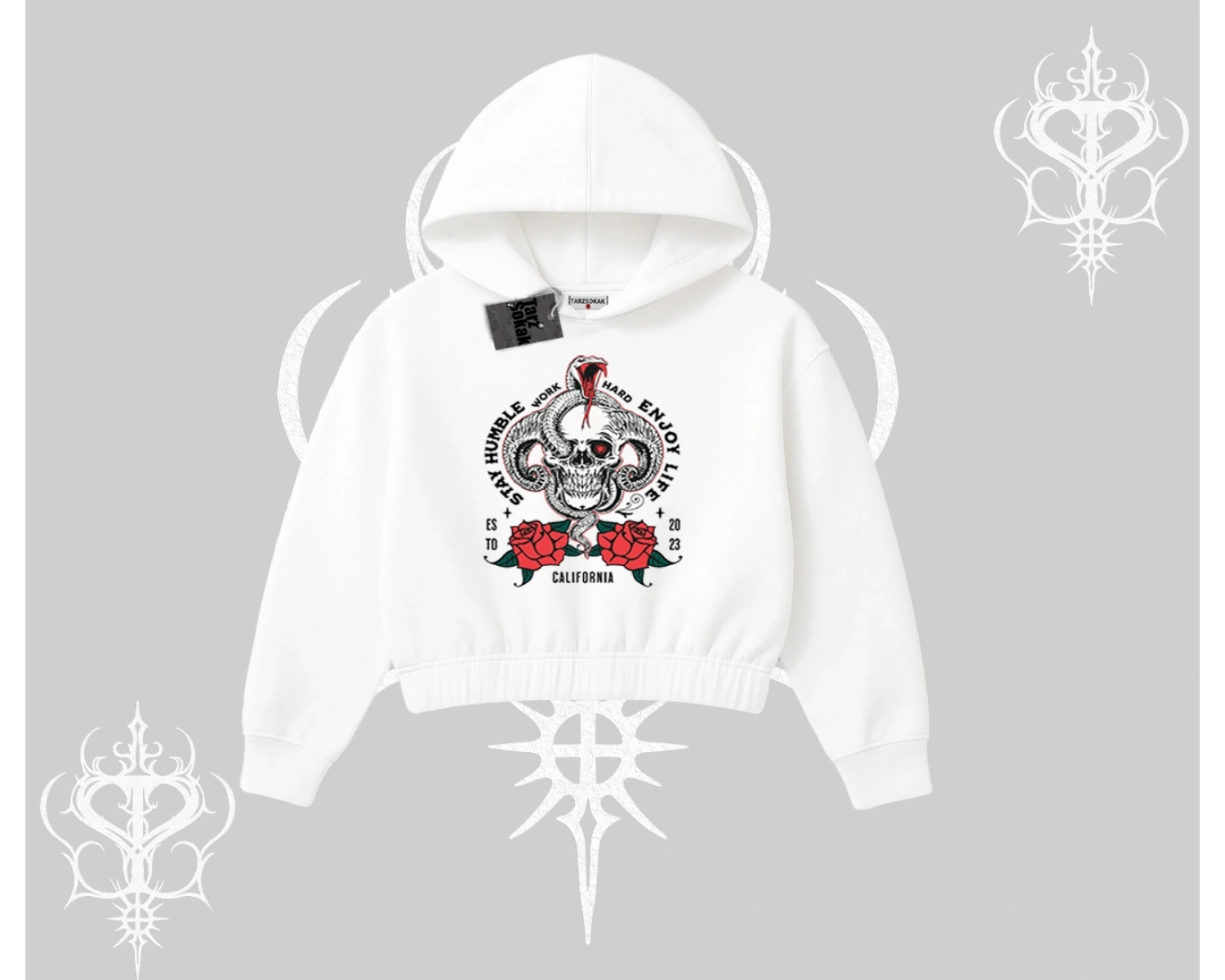 Kapşonlu Crop Sweatshirt Stay Humble Work Hard Enjoy Life