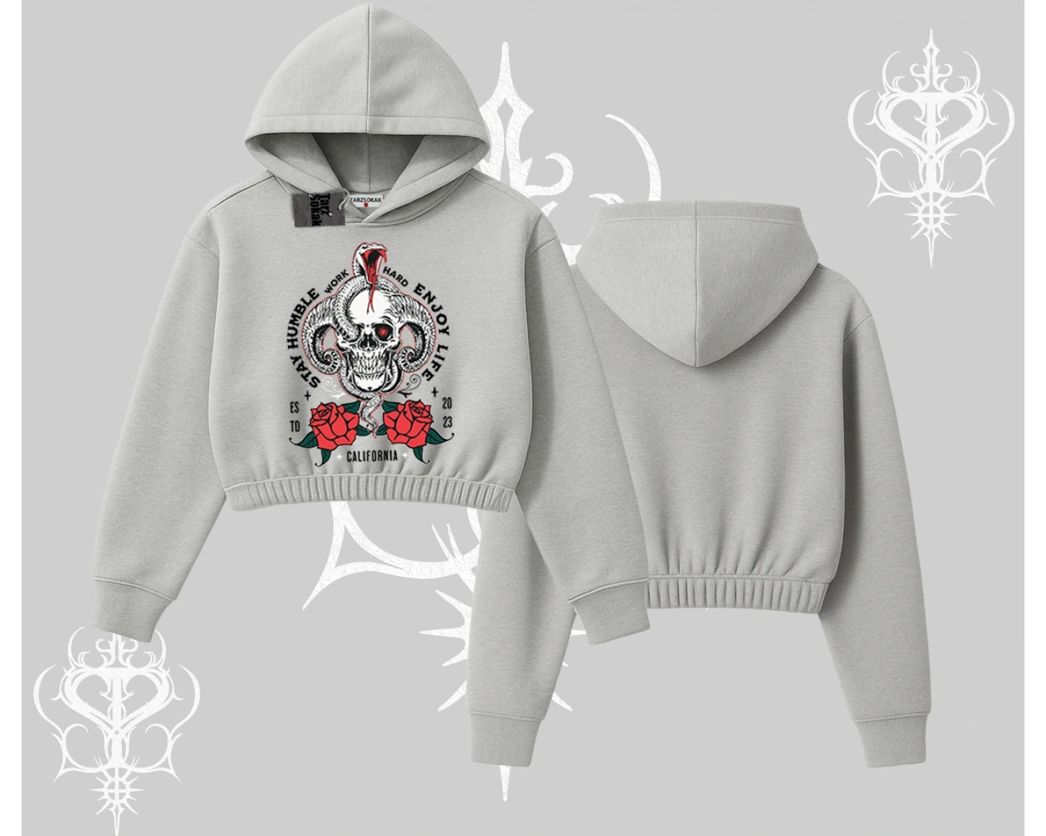 Kapşonlu Crop Sweatshirt Stay Humble Work Hard Enjoy Life