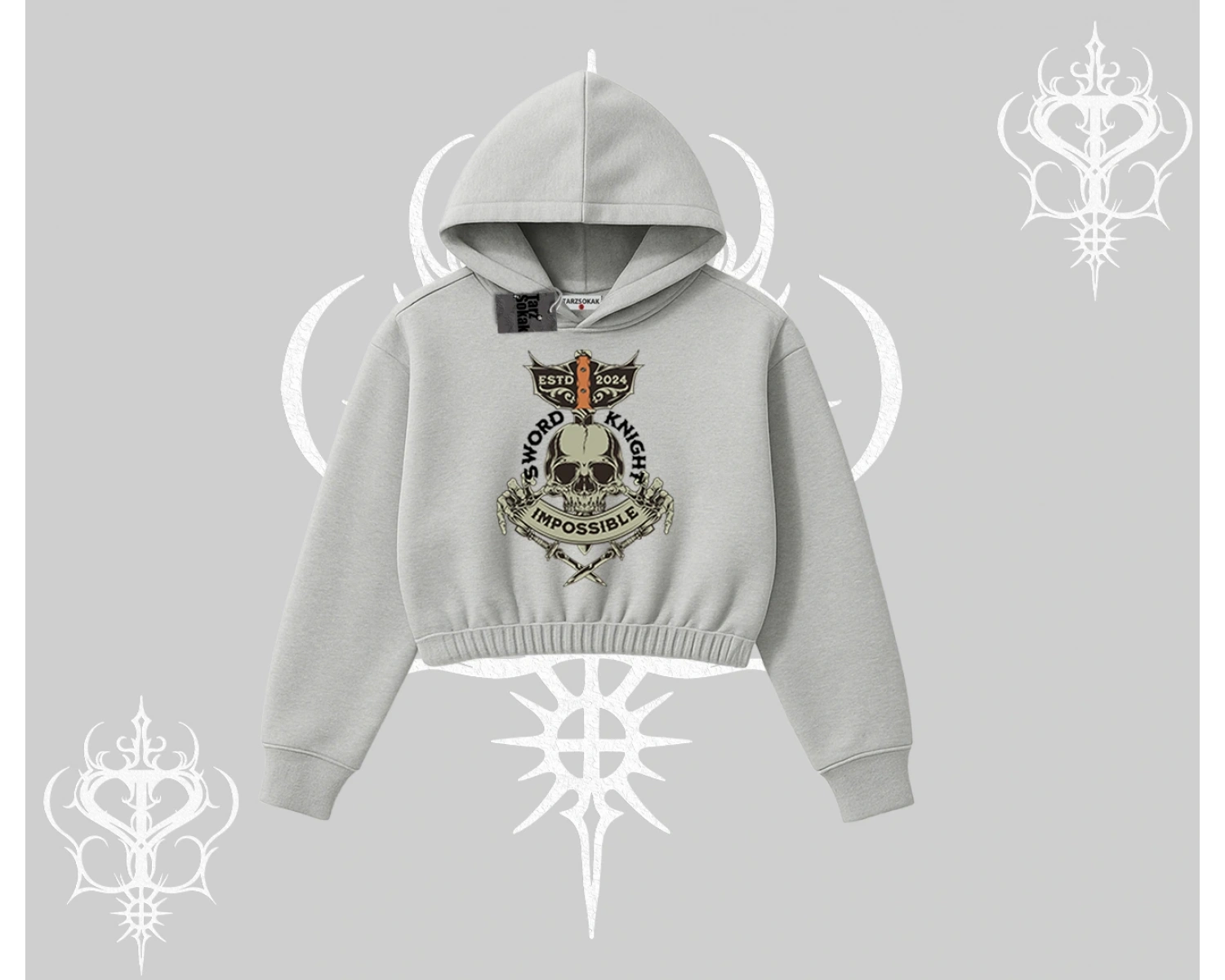 Kapşonlu Crop Sweatshirt Sword Knight Skull Impossible Street Creed