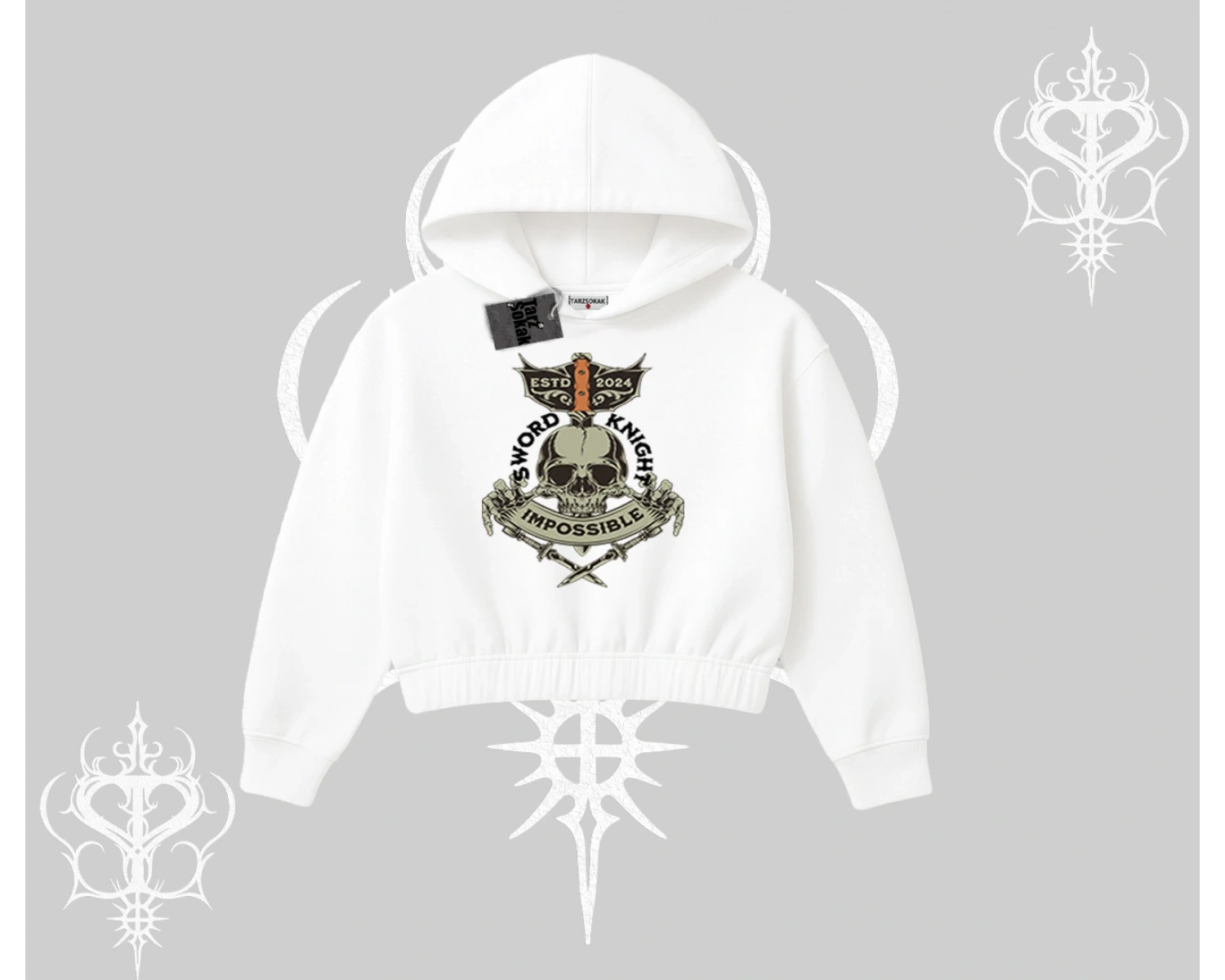 Kapşonlu Crop Sweatshirt Sword Knight Skull Impossible Street Creed